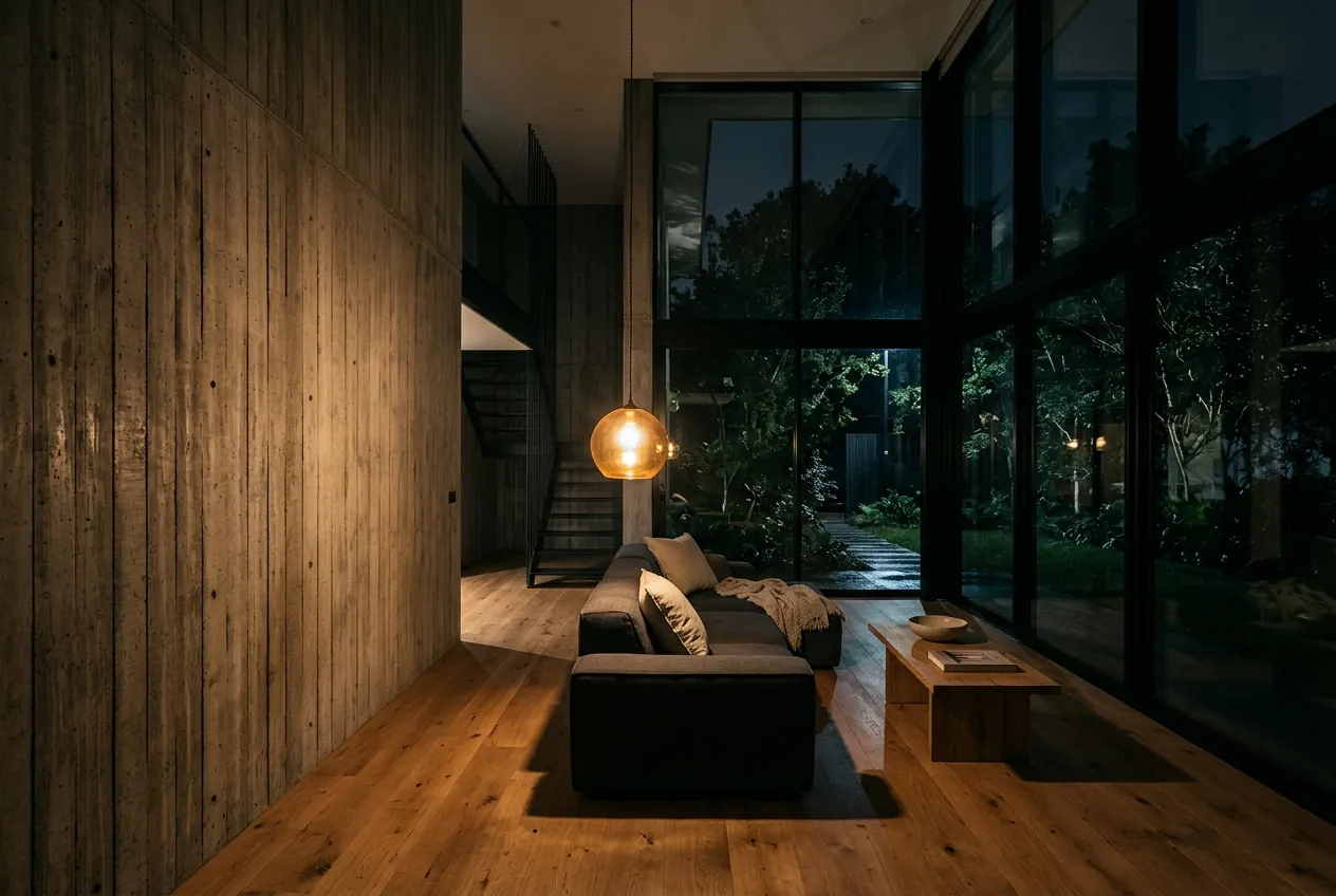 Double-height living space with concrete wall and warm evening light