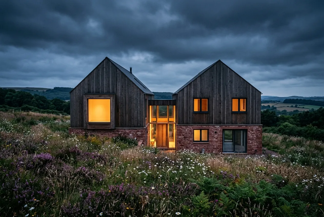 Quantock Twin Gables: Two offset oak gables on a sandstone plinth, set into a wildflower meadow.