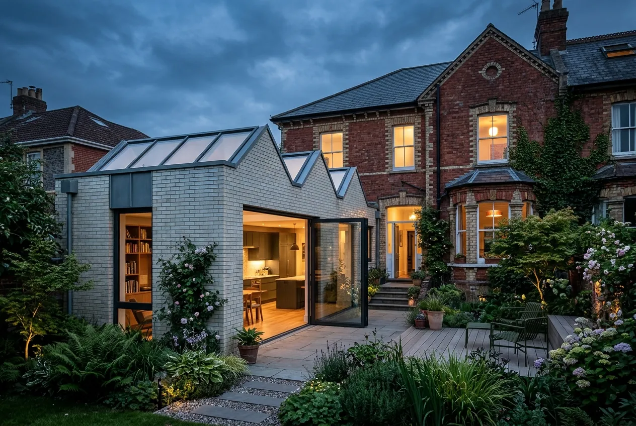 Redland North Light: A pale glazed-brick kitchen beneath a sawtooth of north-facing rooflights.