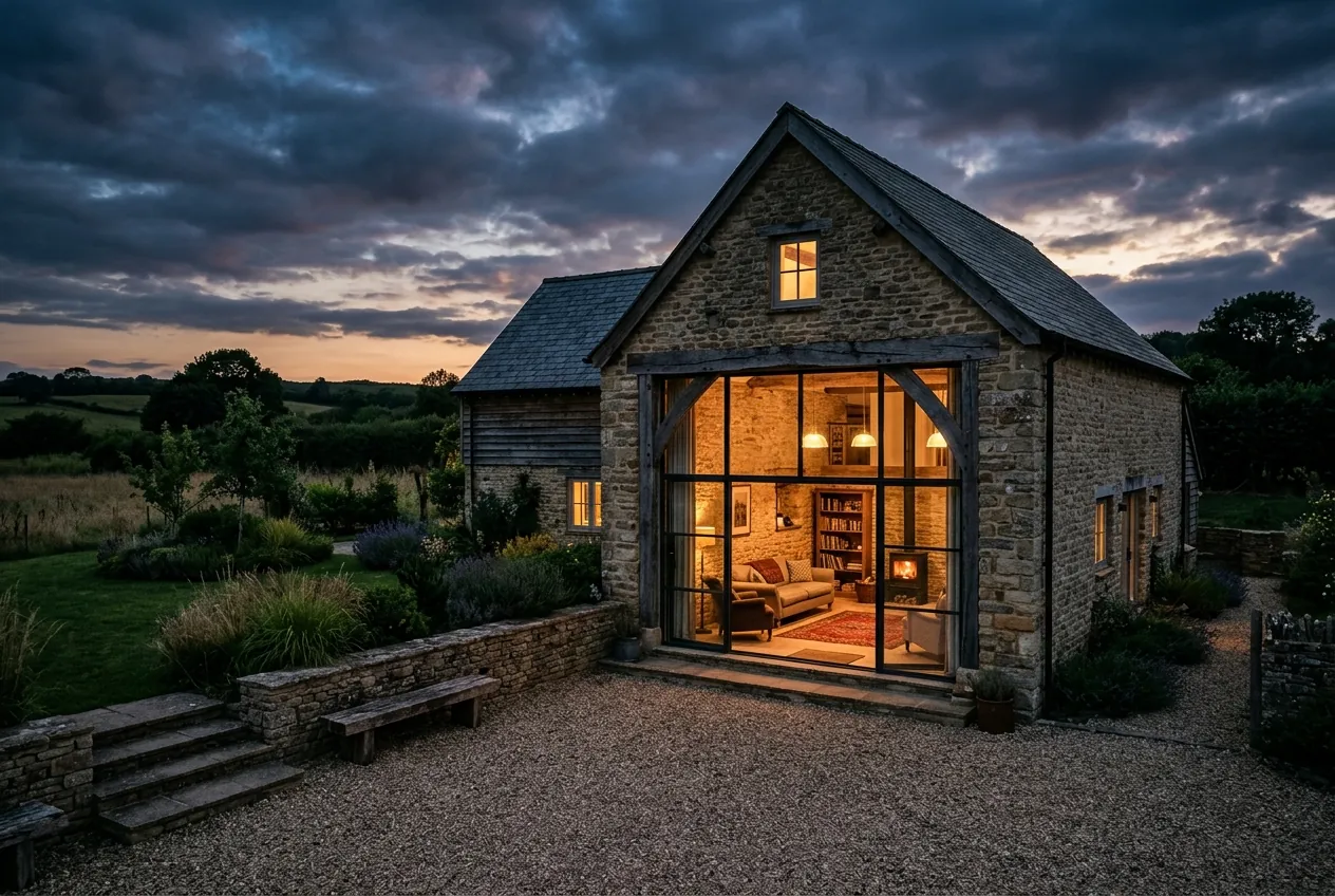 Converted stone barn glowing at dusk