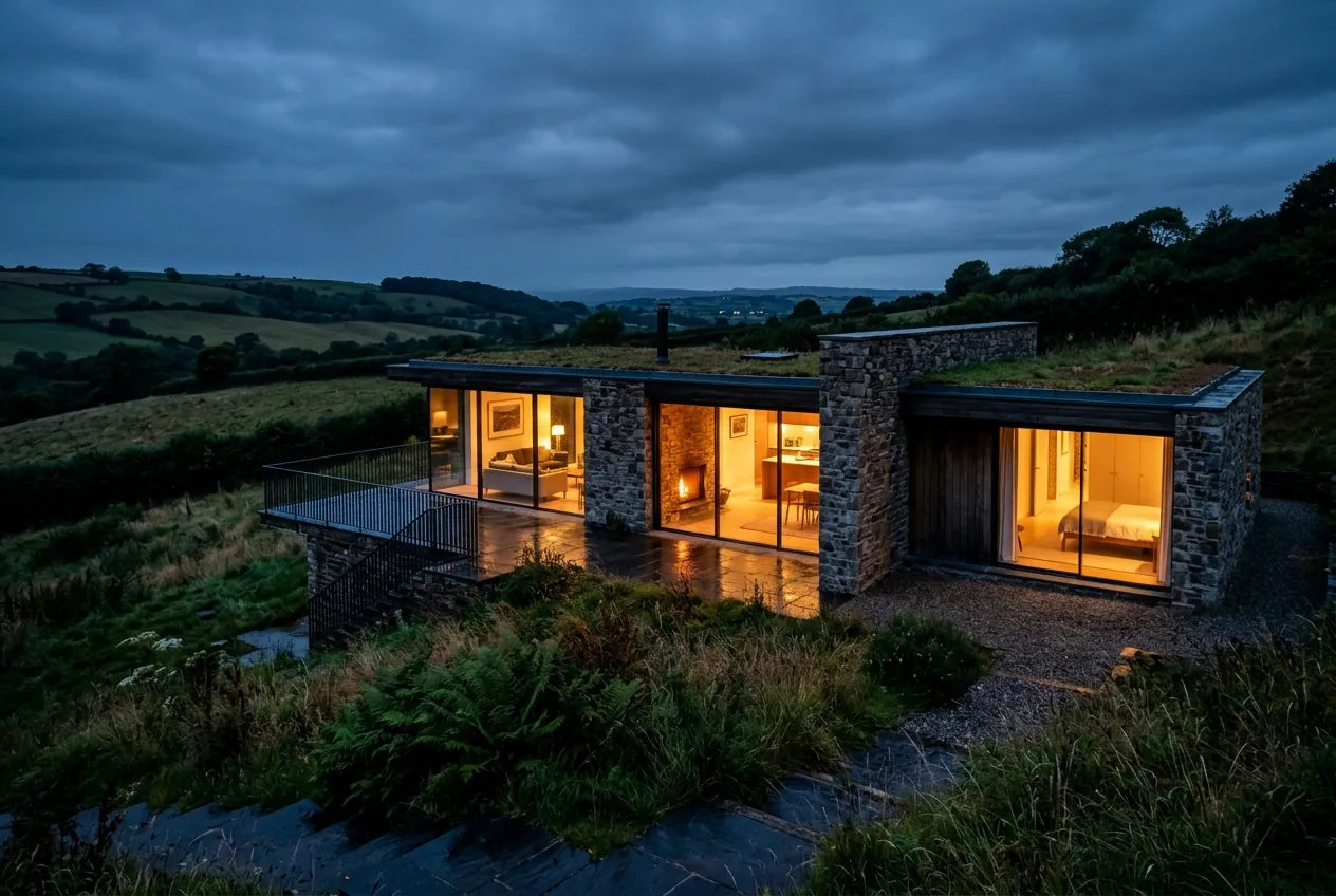 Stone and glass house glowing at dusk in the Somerset hills